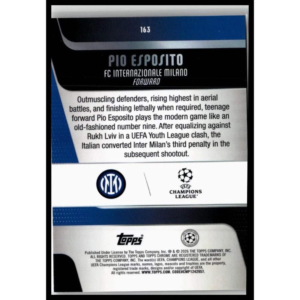 2025-26 Topps Chrome UEFA Pio Esposito #163 Inter Milan Rookie